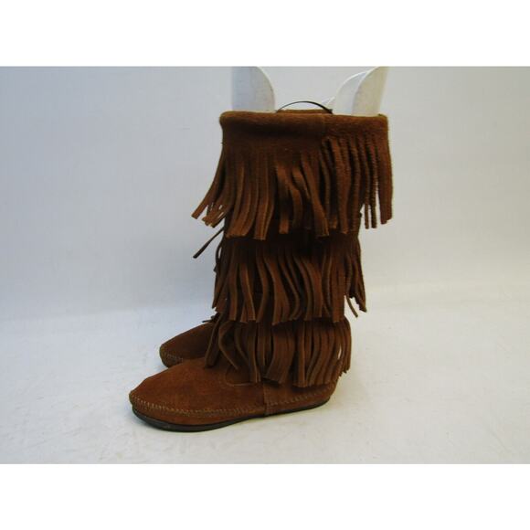 Minnetonka Womens Size 5 M Brown Suede Fringe Mid Calf Moccasins Boots - Picture 1 of 11